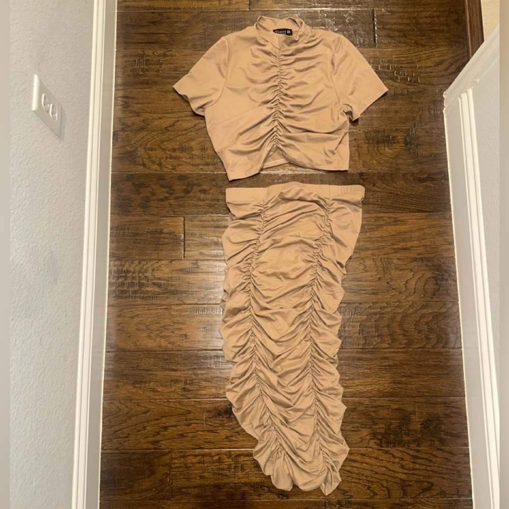 Ruched Tan Two-Piece Skirt Set
